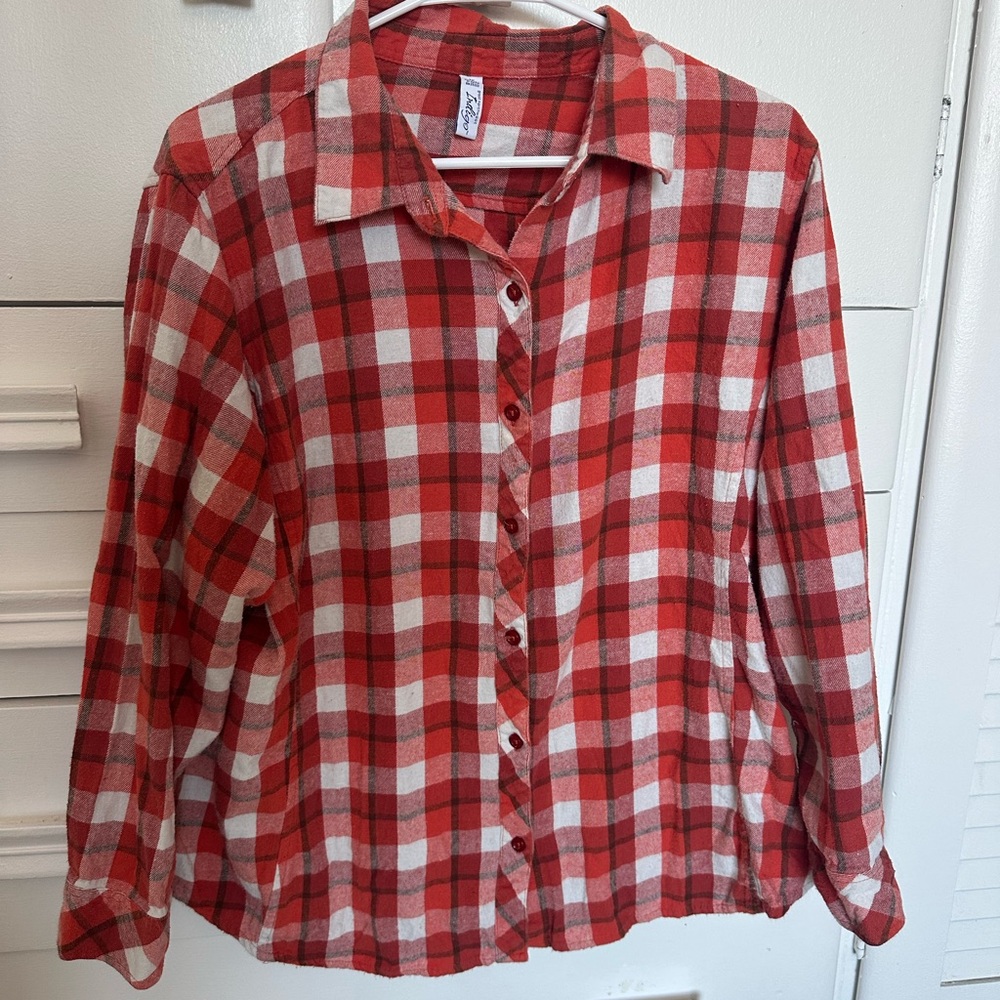 Indigo red, orange, and white oversized flannel